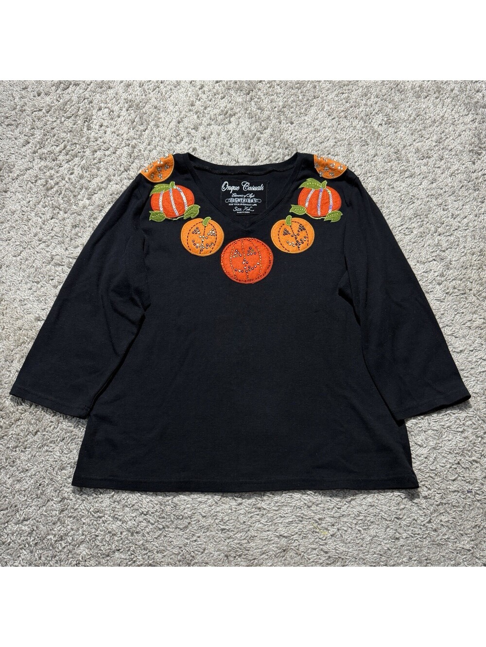 Vintage Onque Casuals Halloween Shirt Black Embroidered Pumpkins 90s Y2K Size XL